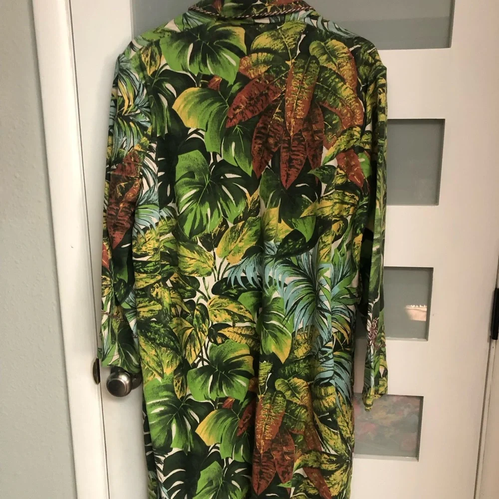 Bombay Dye Tropical Leaf Print Long Duster Coat - Green Botanical Barkcloth